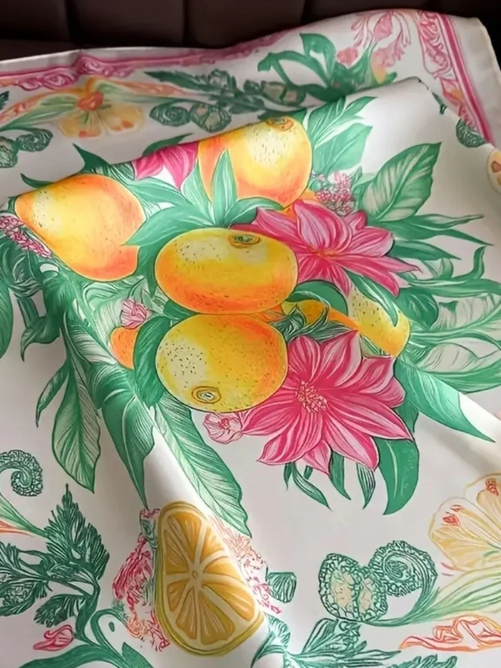 Silk-feel Vibrant Citrus Floral Scarf in Yellow, GreenPink Headscarf, Neckscarf